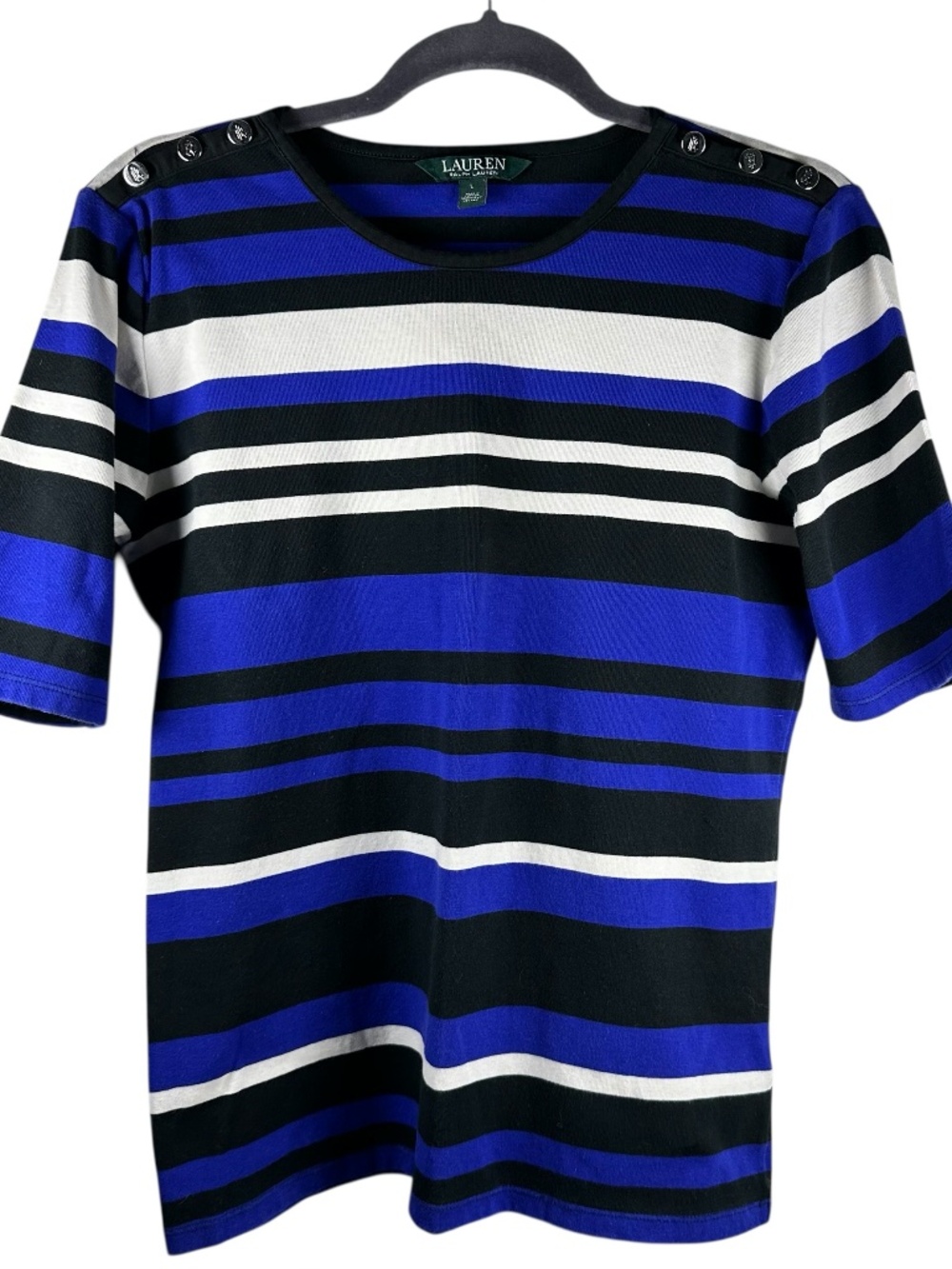Lauren Ralph Lauren Striped Button-Shoulder Top Size L Blue White Black EUC